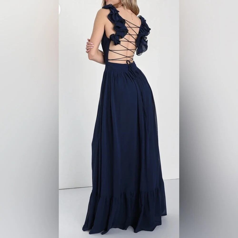 Lulus Soiree Celebration Navy Blue Ruffled Lace-Up Maxi Dress Sz XXS #0501